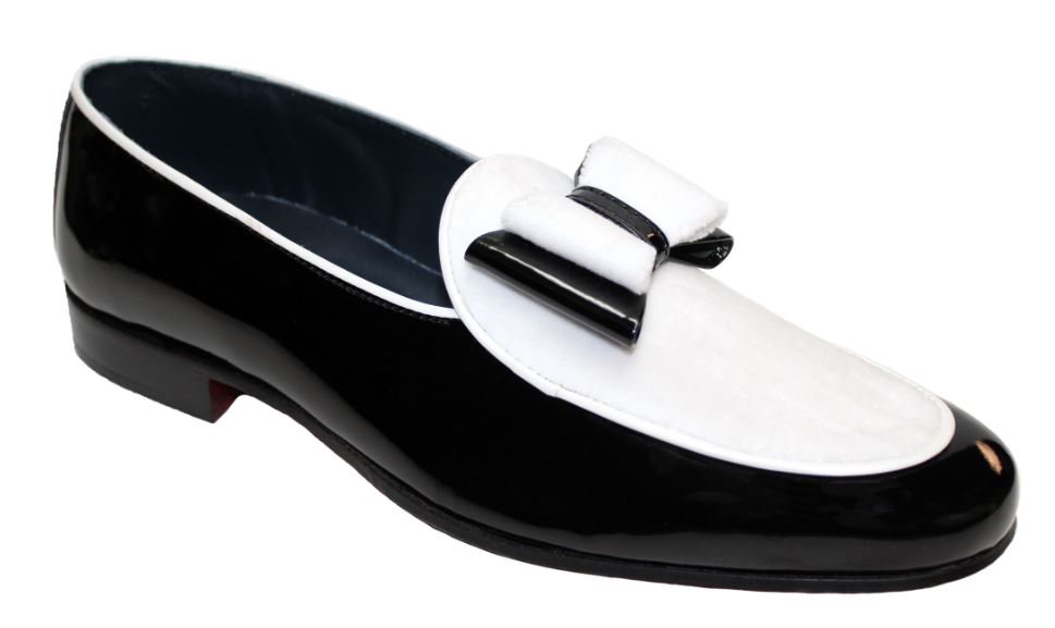 Duca Di Matiste "Amalfi" Black / White Genuine Velvet / Patent Leather Matching Bow Tie Loafer Shoes. - Click Image to Close